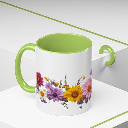 Floral Border Accent Coffee Mug — Colorful Daisy Bouquet 11/15oz