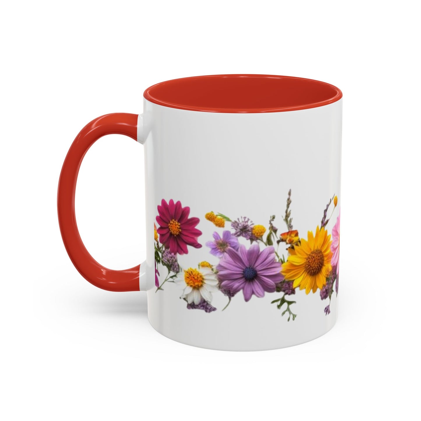 Floral Border Accent Coffee Mug — Colorful Daisy Bouquet 11/15oz