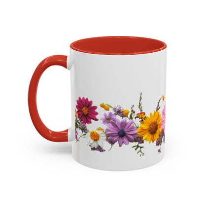 Floral Border Accent Coffee Mug — Colorful Daisy Bouquet 11/15oz
