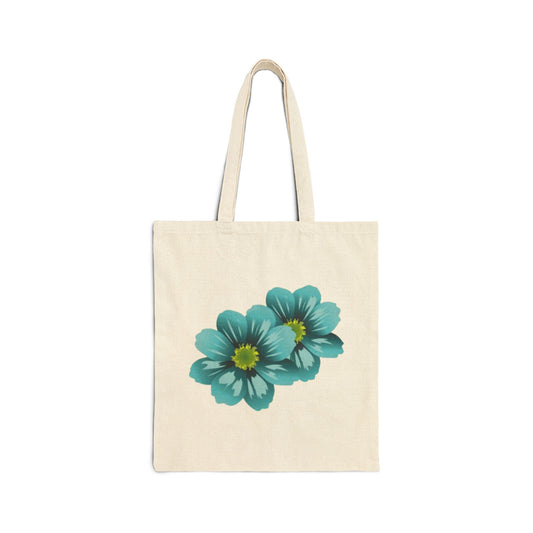 Teal Floral Tote Bag — Cotton Canvas Market Tote with Blue Flower Print