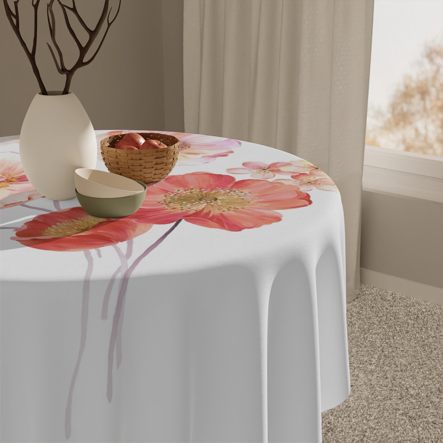 Floral Poppy Tablecloth — Watercolor Pink Poppy Table Linen for Spring & Bridal