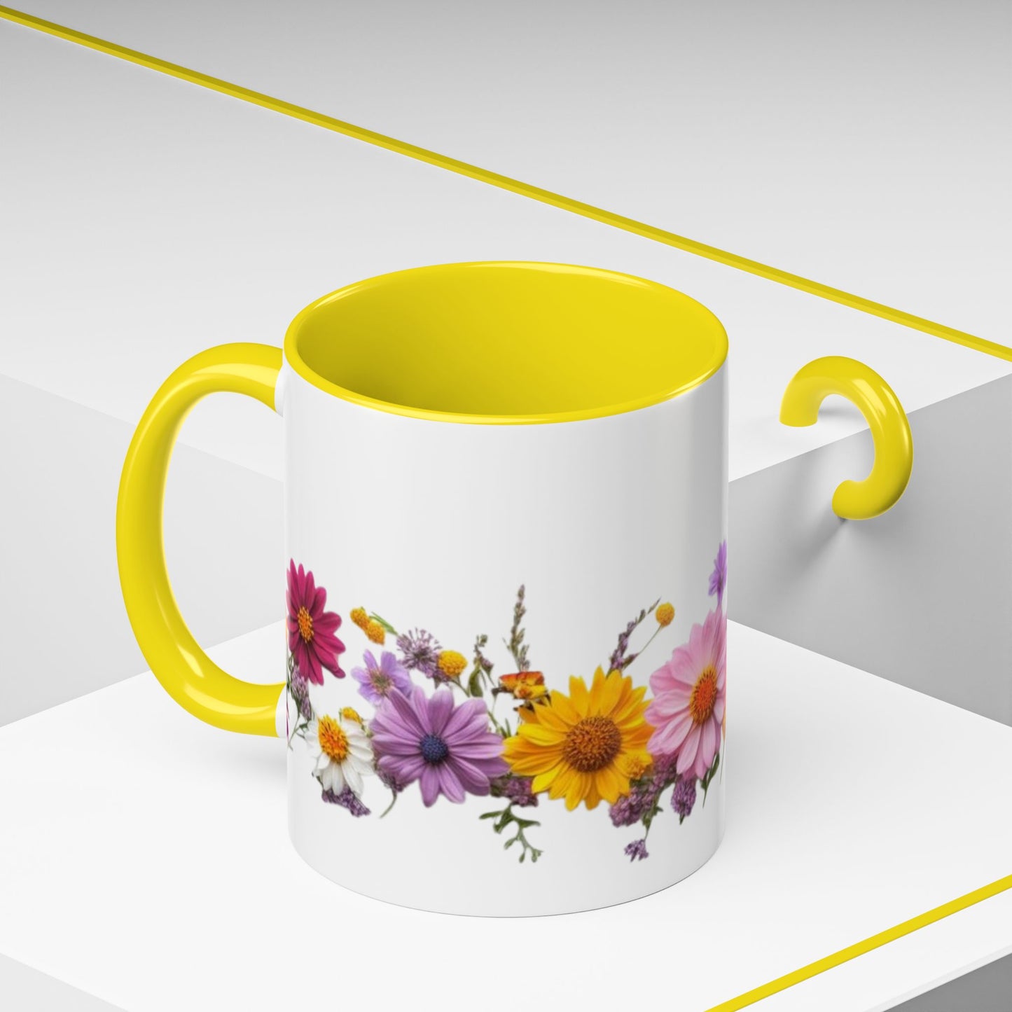Floral Border Accent Coffee Mug — Colorful Daisy Bouquet 11/15oz