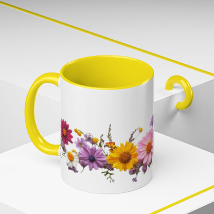 Floral Border Accent Coffee Mug — Colorful Daisy Bouquet 11/15oz