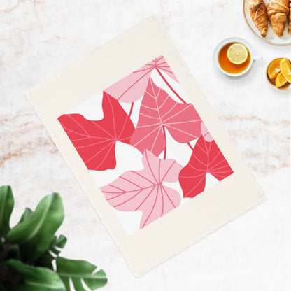 Pink Red Tropical Leaf Cotton Tea Towel — Floral Kitchen Towel, Modern Botanical Home Décor