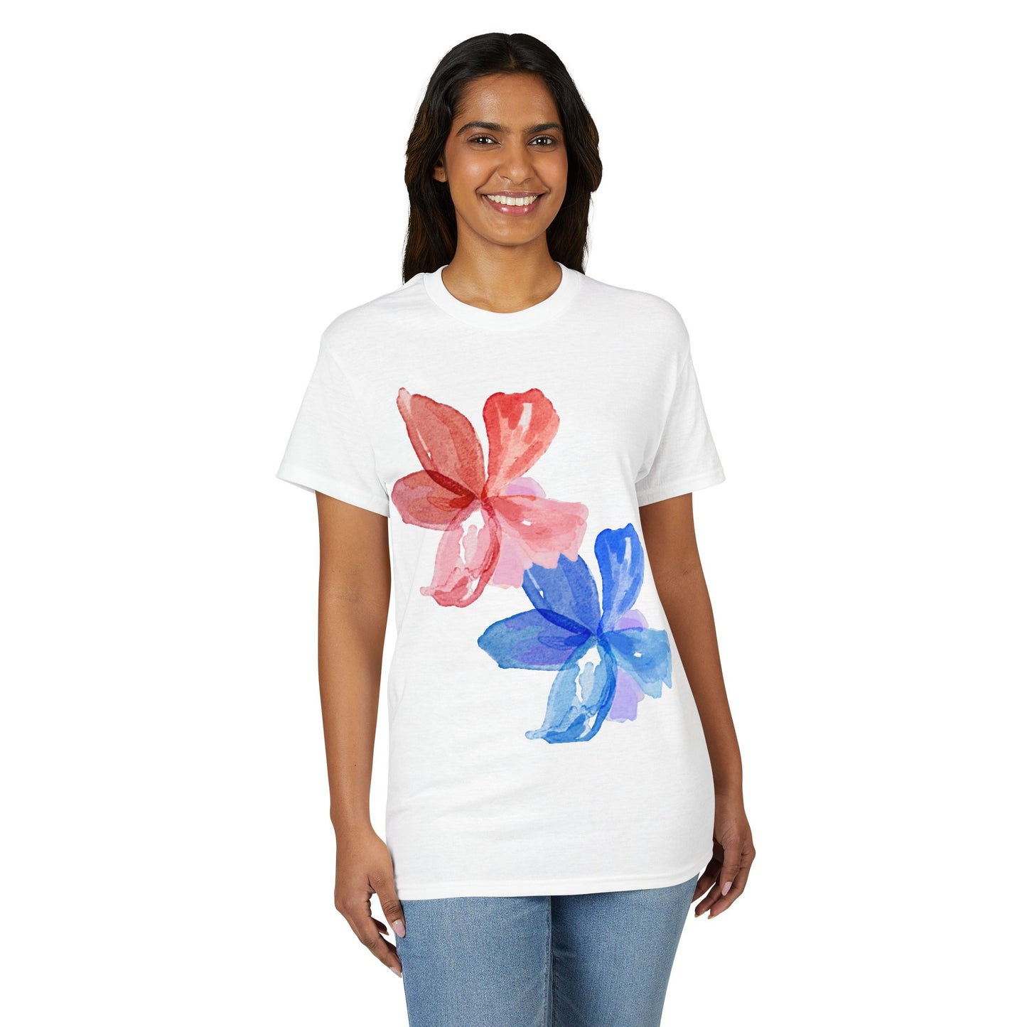 Floral Watercolor Tee — Pink & Blue Petal Graphic T-Shirt