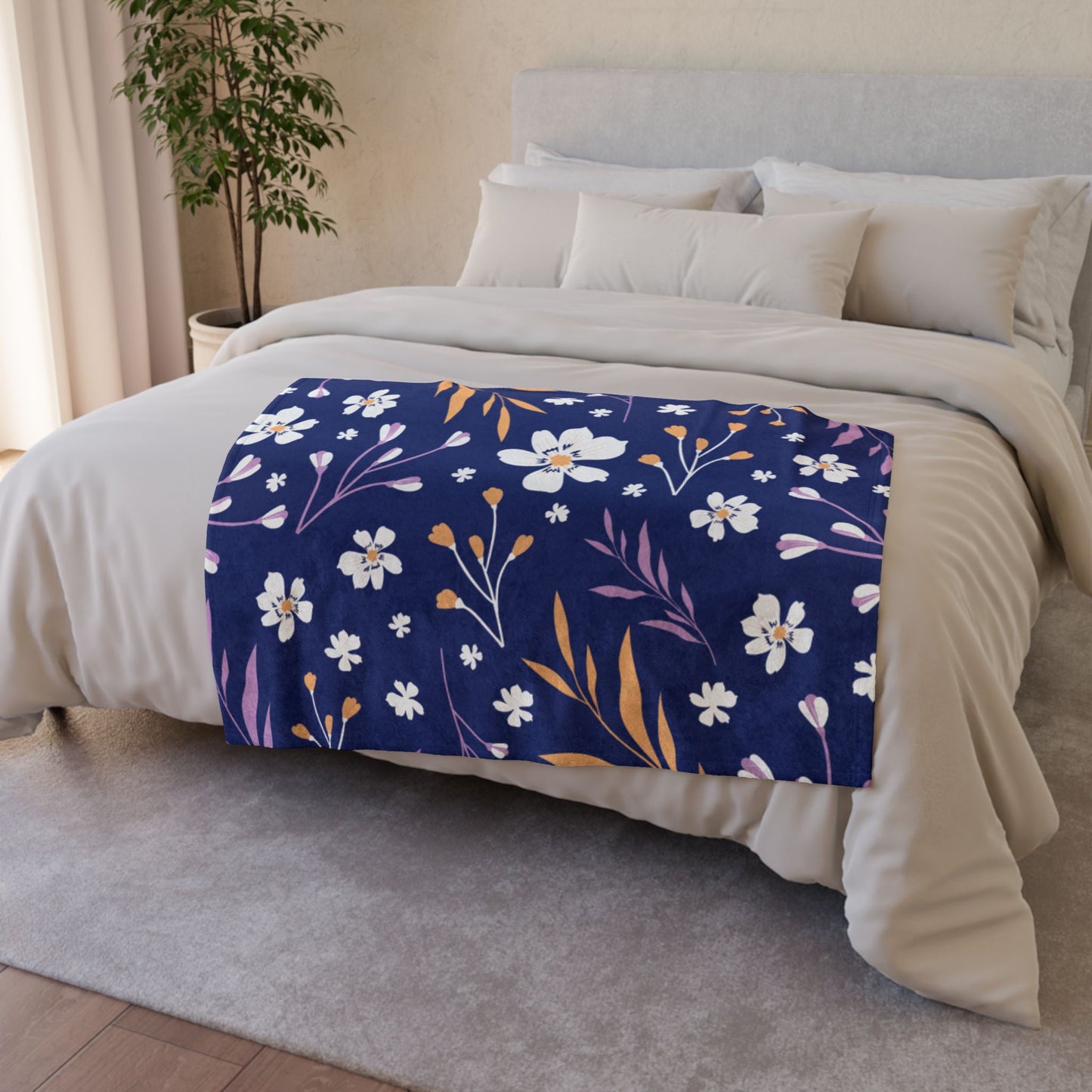 Floral Navy Fleece Blanket — Soft Polyester Throw with White & Coral Blossoms