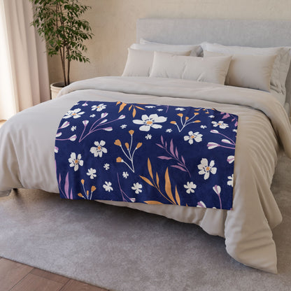 Floral Navy Fleece Blanket — Soft Polyester Throw with White & Coral Blossoms