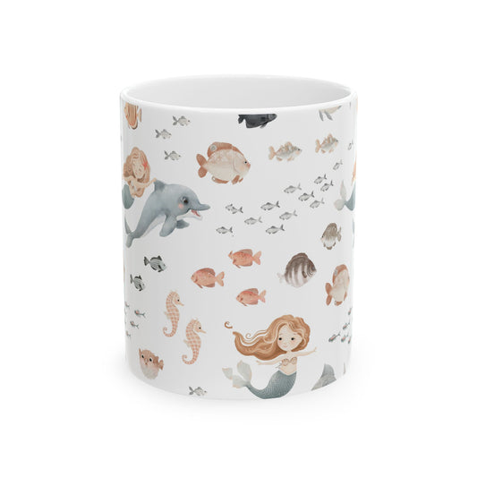 Mermaid & Sea Creatures Ceramic Mug — Cute Ocean Pattern Coffee Cup (11oz/15oz)