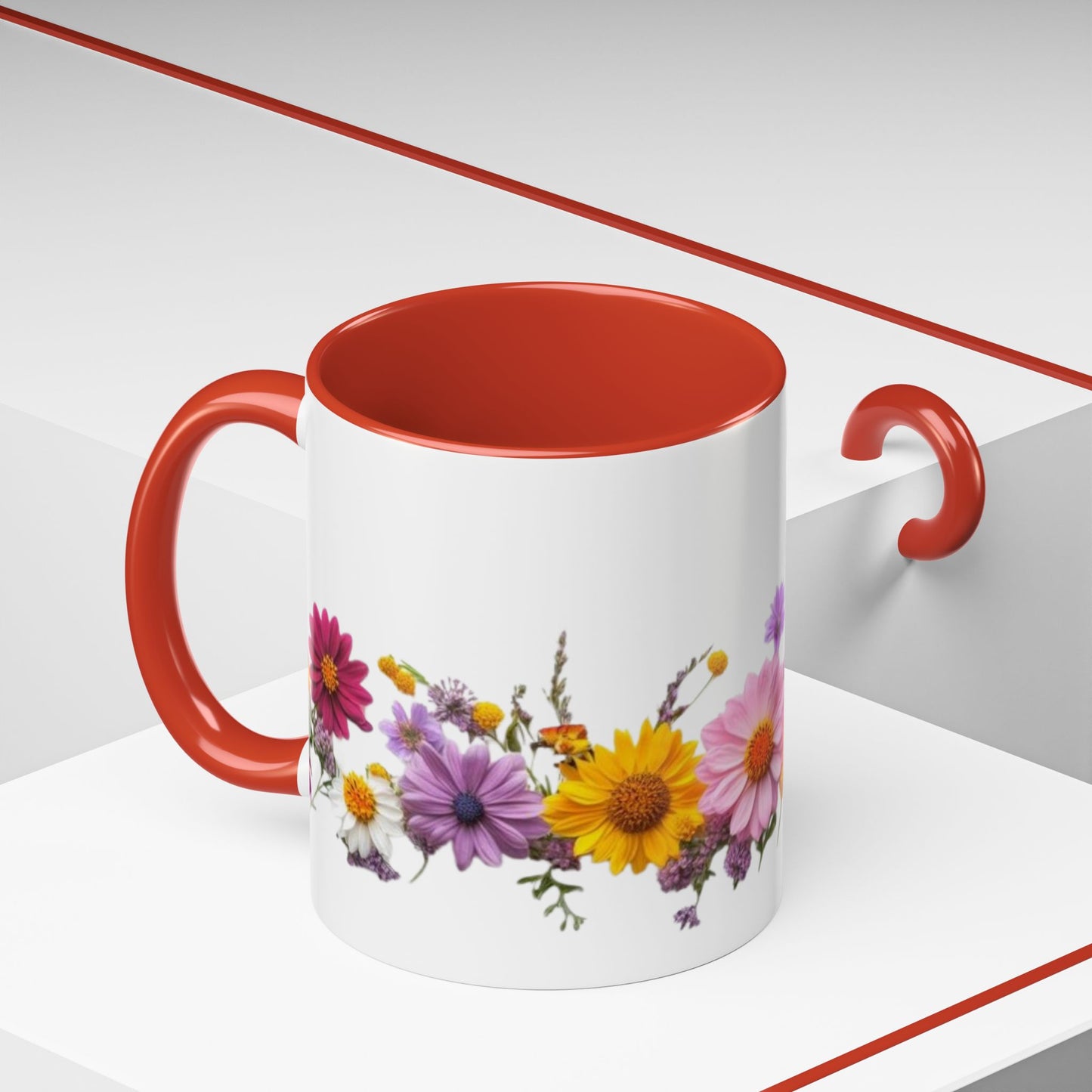 Floral Border Accent Coffee Mug — Colorful Daisy Bouquet 11/15oz