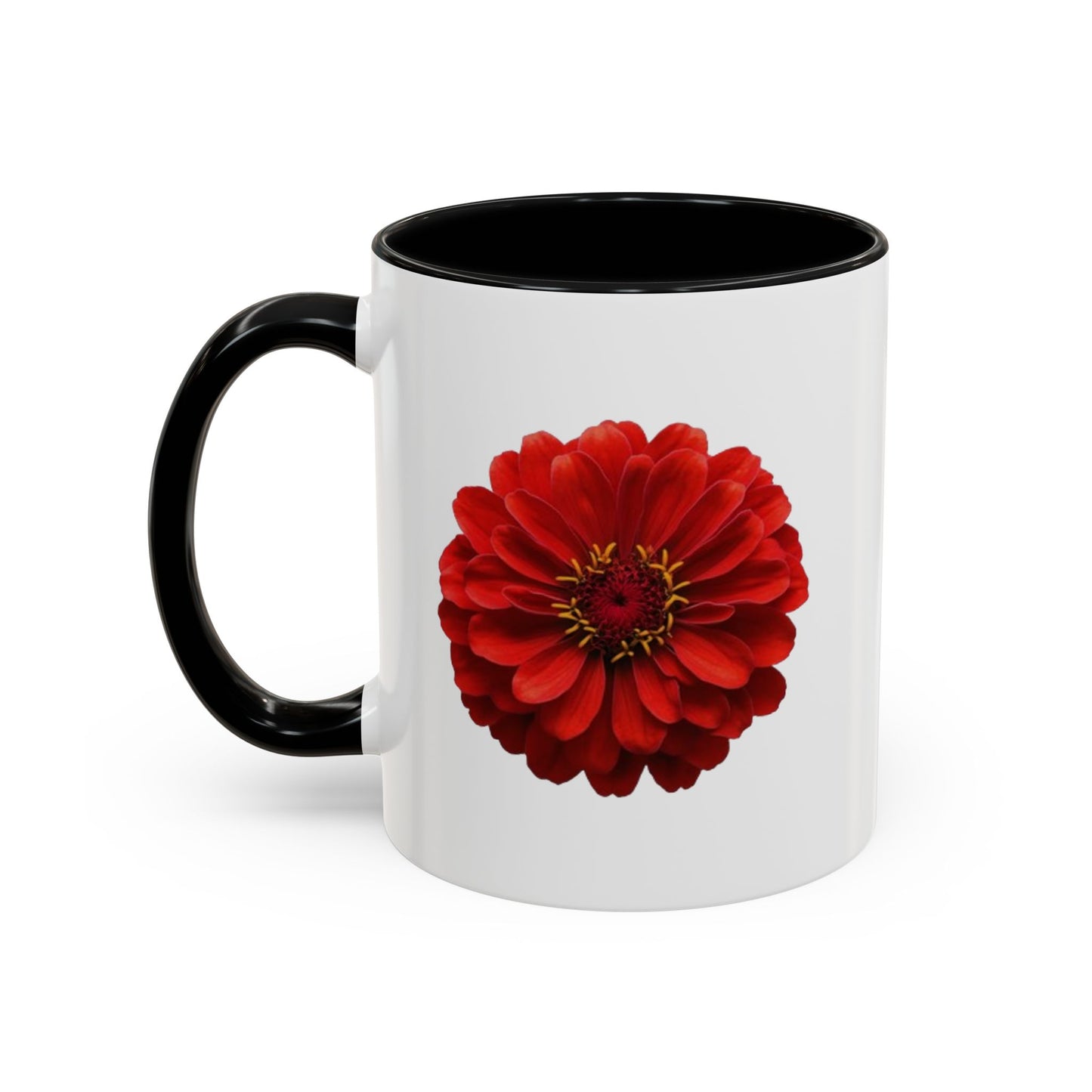 Red Zinnia Accent Coffee Mug — Floral Ceramic Tea Cup (11/15 oz)