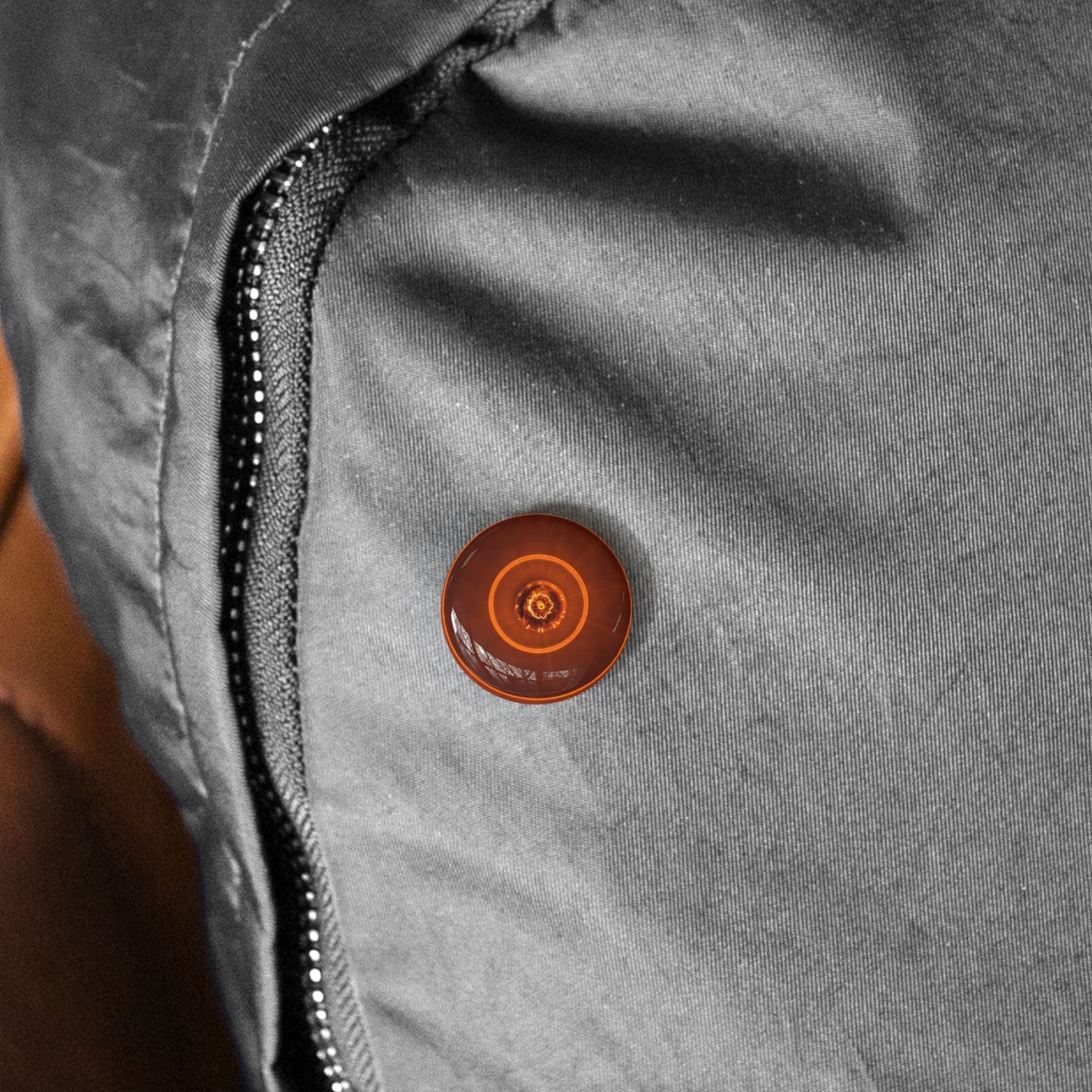Round Glow Pin Button — Retro Orange Vinyl Record Design