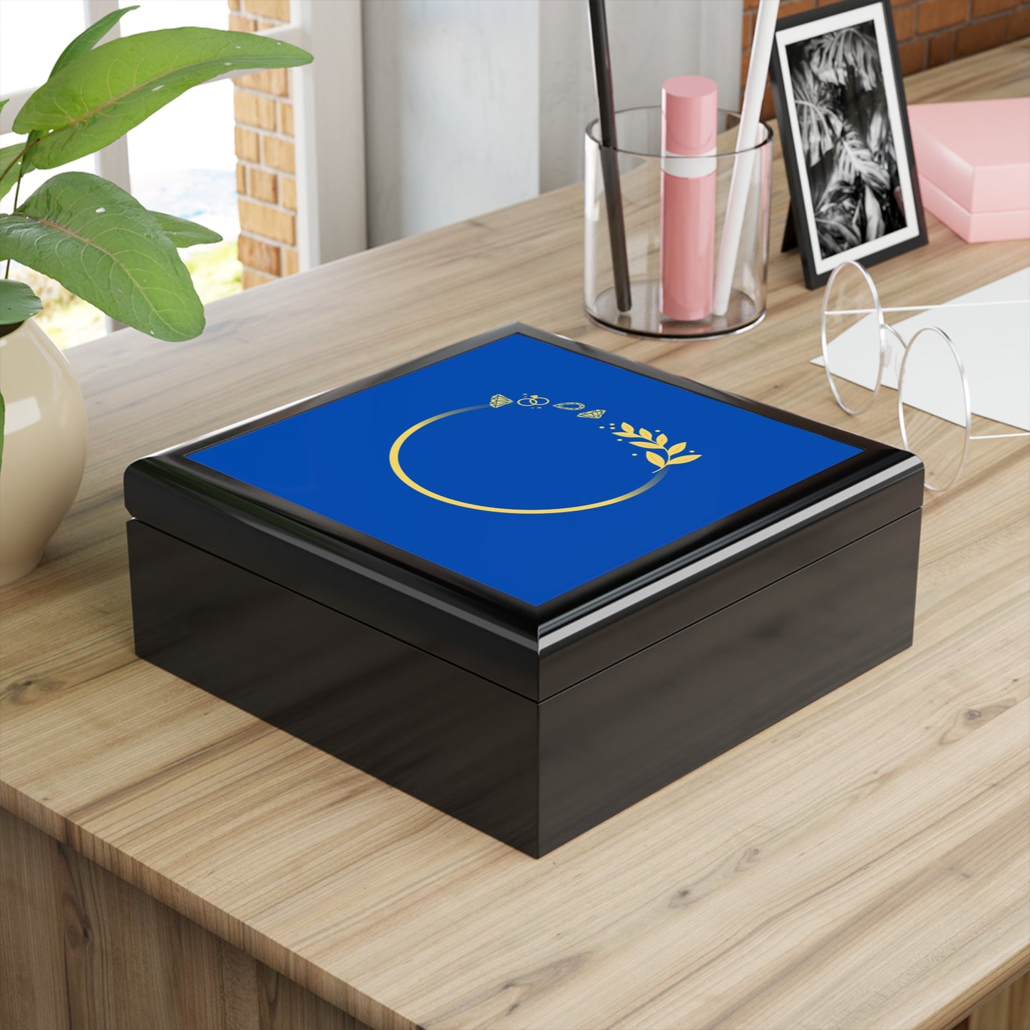 Blue & Gold Floral Ring Jewelry Box – Elegant Keepsake Box for Rings, Earrings & Gifts