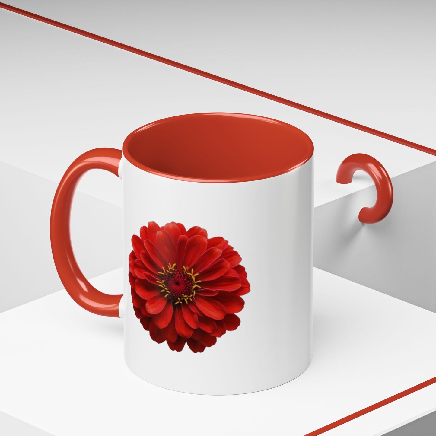 Red Zinnia Accent Coffee Mug — Floral Ceramic Tea Cup (11/15 oz)