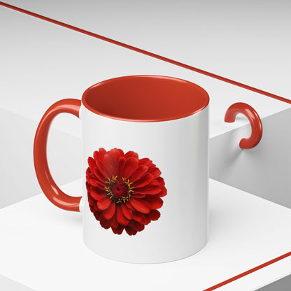 Red Zinnia Accent Coffee Mug — Floral Ceramic Tea Cup (11/15 oz)