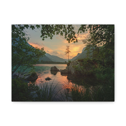Mountain Lake Sunset Canvas Wall Art — Tranquil Nature Landscape Print
