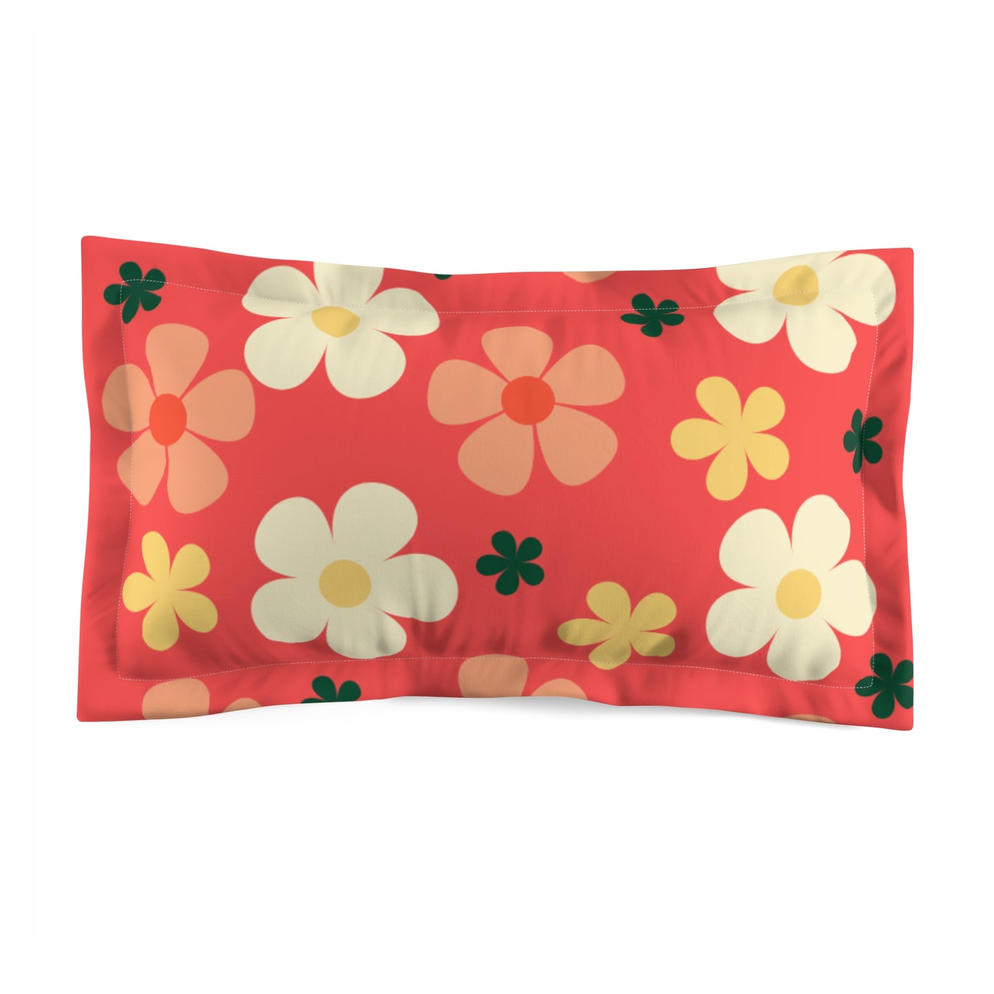 Retro Floral Pillow Sham — Red Daisy Microfiber Decorative Pillowcase
