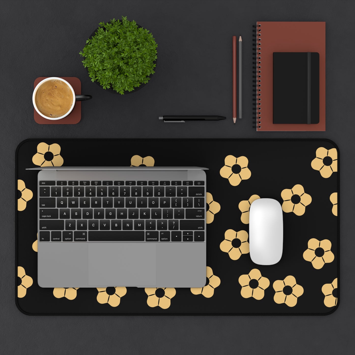 Floral Noir Desk Mat — Minimal Black & Gold Flower Mouse Pad