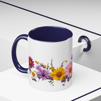 Floral Border Accent Coffee Mug — Colorful Daisy Bouquet 11/15oz