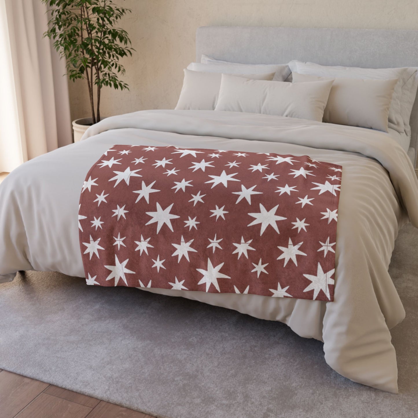 Starry Rust Fleece Blanket — White Stars on Brown Cozy Throw