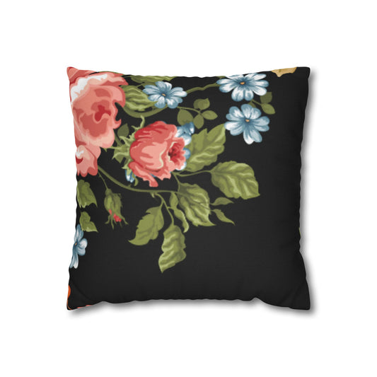 Vintage Floral Black Throw Pillowcase — Rose & Blue Blossom Decorative Cushion Cover