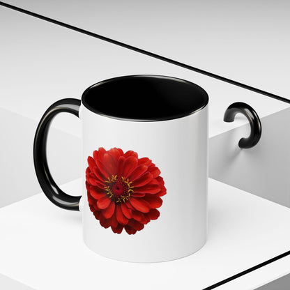 Red Zinnia Accent Coffee Mug — Floral Ceramic Tea Cup (11/15 oz)
