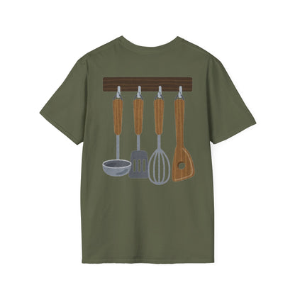 Kitchen Utensils Hanging Back Print T‑Shirt — Chef Cooking Tools Shirt
