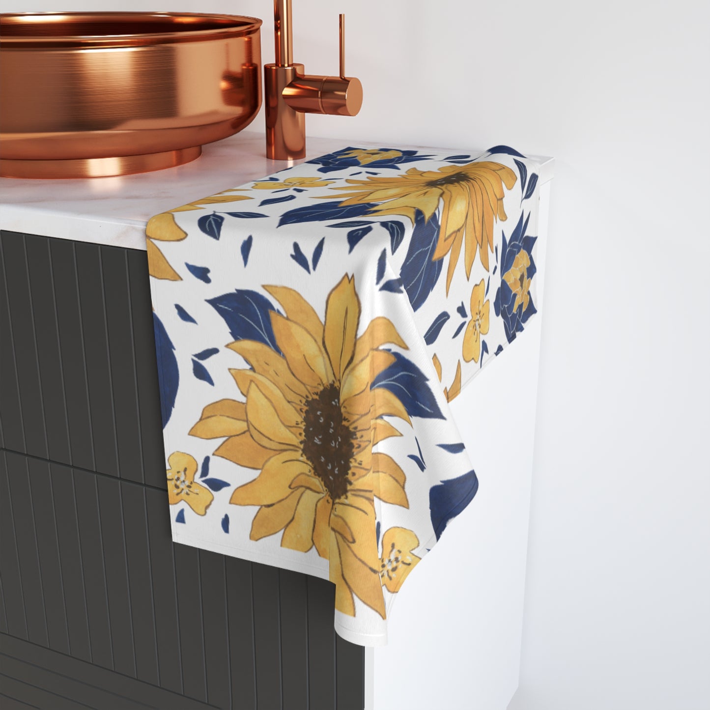 Sunflower Pattern Hand Towel — Yellow & Navy Floral Kitchen Towel
