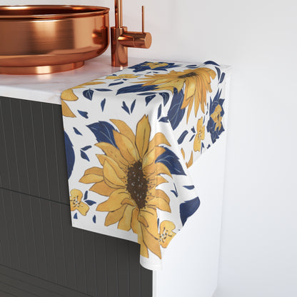 Sunflower Pattern Hand Towel — Yellow & Navy Floral Kitchen Towel