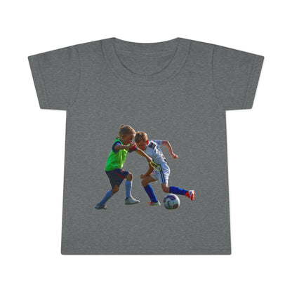 Toddler T-Shirt — Kids Soccer Players Graphic Tee (Front Action Scene, Back Soccer Ball)
