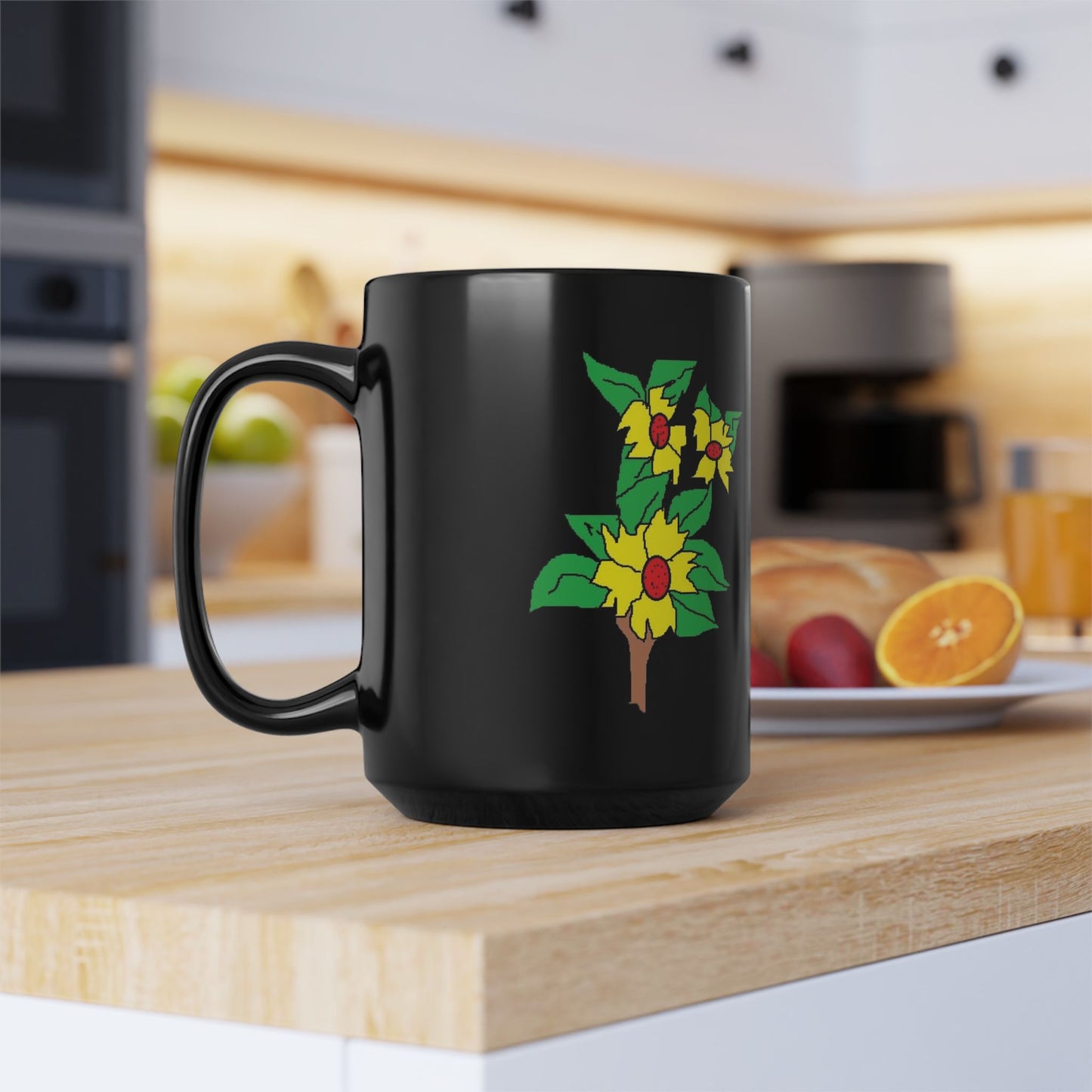 Sunflower Branch Black Mug — Floral Coffee Cup (11oz & 15oz)