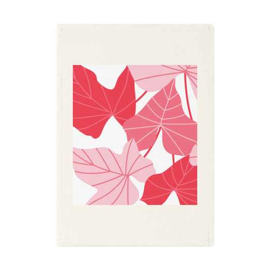 Pink Red Tropical Leaf Cotton Tea Towel — Floral Kitchen Towel, Modern Botanical Home Décor