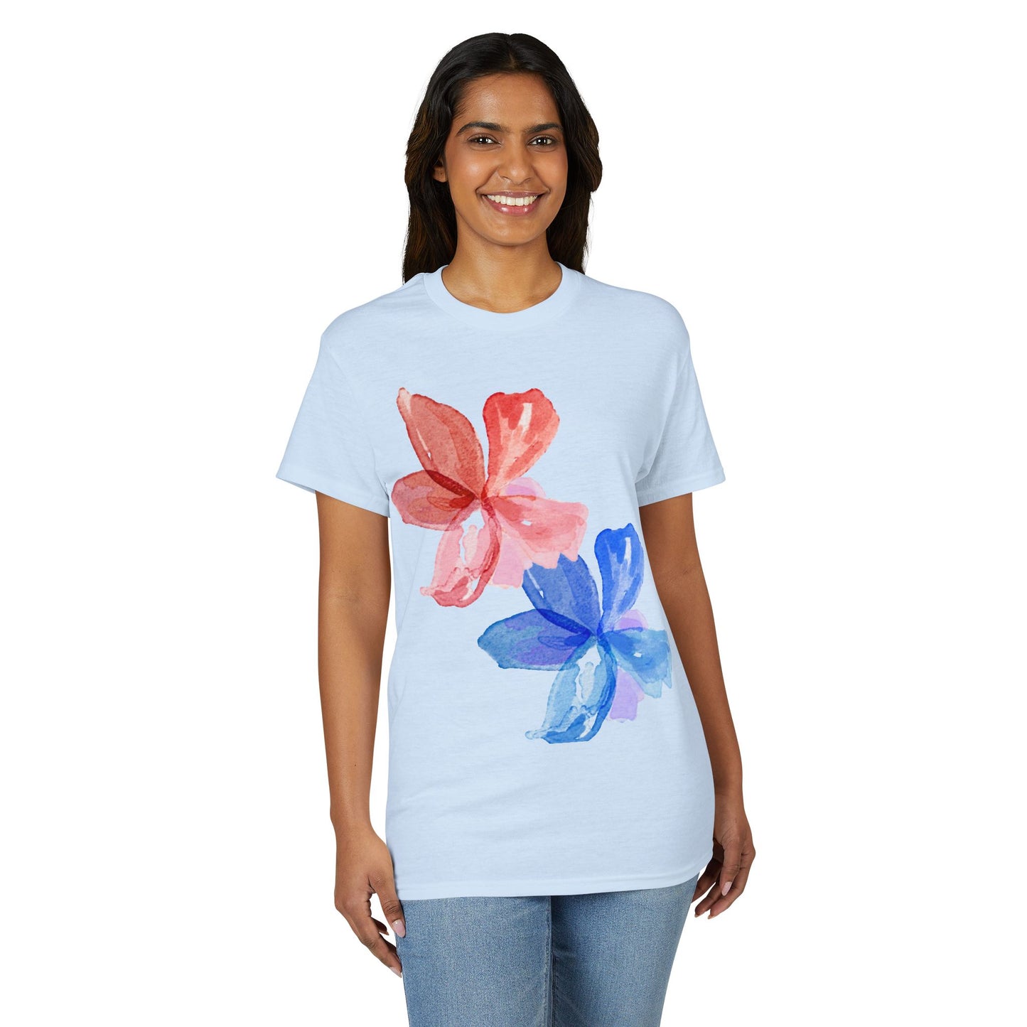 Floral Watercolor Tee — Pink & Blue Petal Graphic T-Shirt