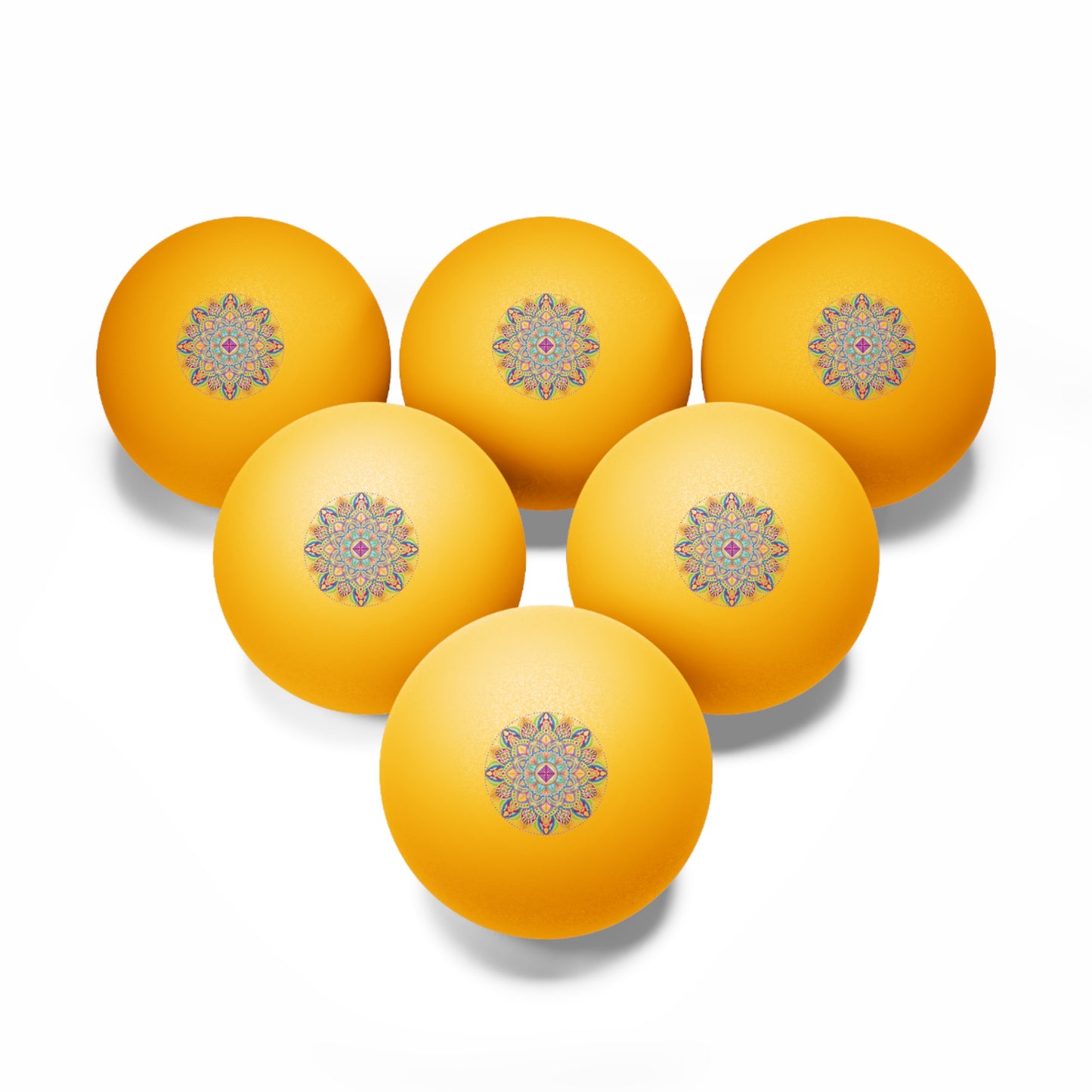 Mandala Table Tennis Balls (Set of 6) — Orange Ping Pong Balls with Decorative Center Design