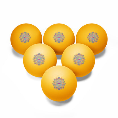 Mandala Table Tennis Balls (Set of 6) — Orange Ping Pong Balls with Decorative Center Design