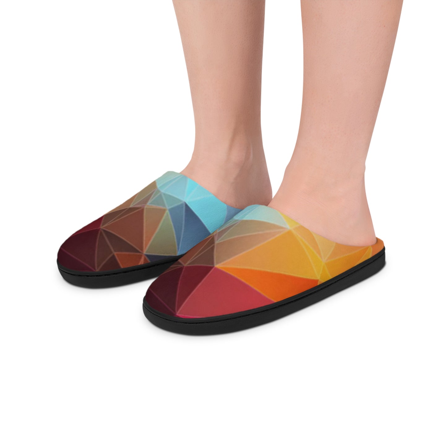 Geometric Gradient Women's Indoor Slippers — Colorful Polygon Cozy Slides