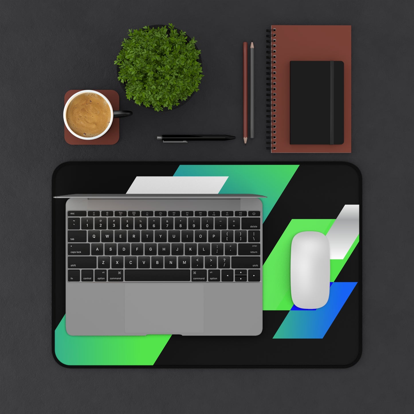Geometric Neon Desk Mat — Green & Blue Abstract Office Mouse Pad