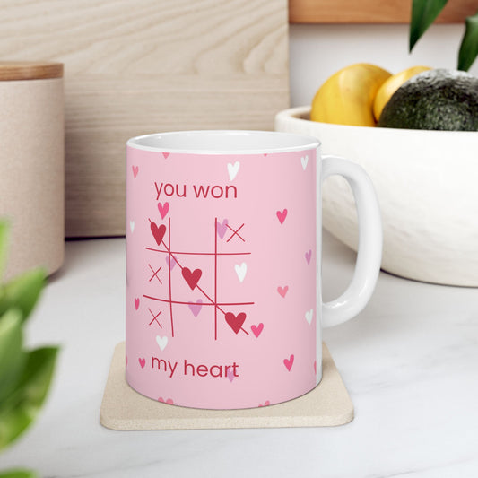 Valentine Tic-Tac-Toe Ceramic Mug — "You Win My Heart" Pink Heart Coffee Cup (11oz/15oz)