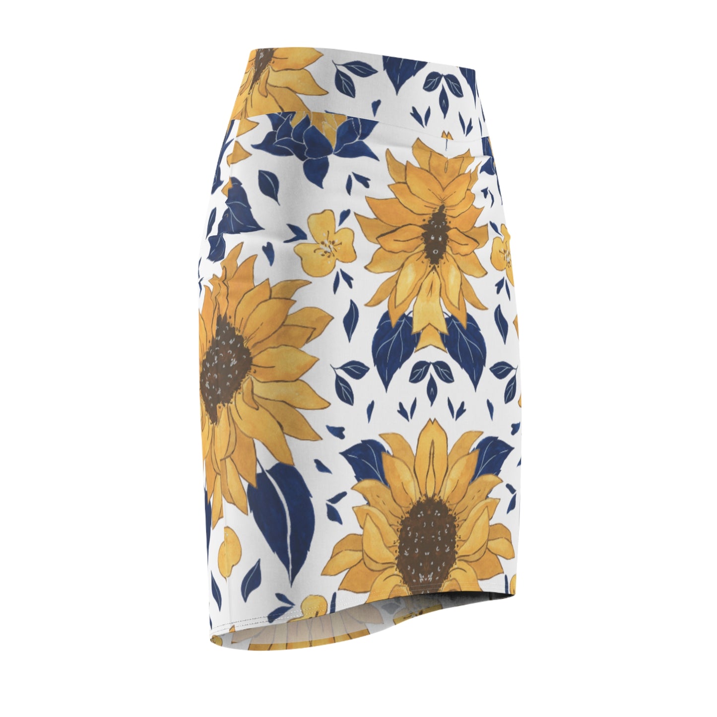 Sunflower Pattern Pencil Skirt — Floral Yellow & Navy AOP
