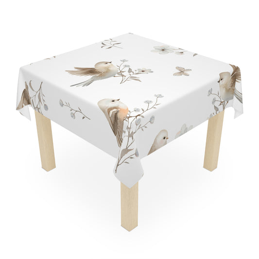Birds & Blossoms Tablecloth — Neutral Watercolor Songbird Print for Spring, Kitchen, Bridal & Baby Shower Decor
