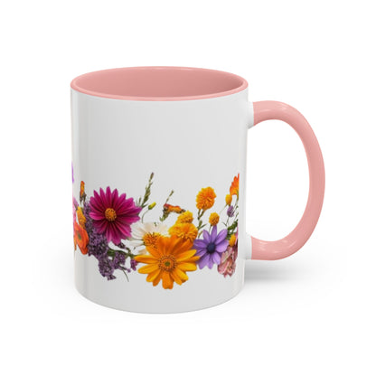 Floral Border Accent Coffee Mug — Colorful Daisy Bouquet 11/15oz