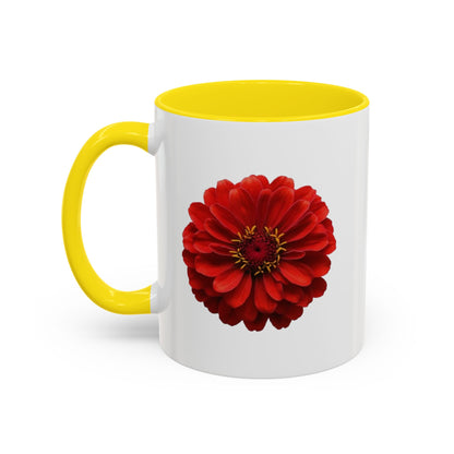 Red Zinnia Accent Coffee Mug — Floral Ceramic Tea Cup (11/15 oz)