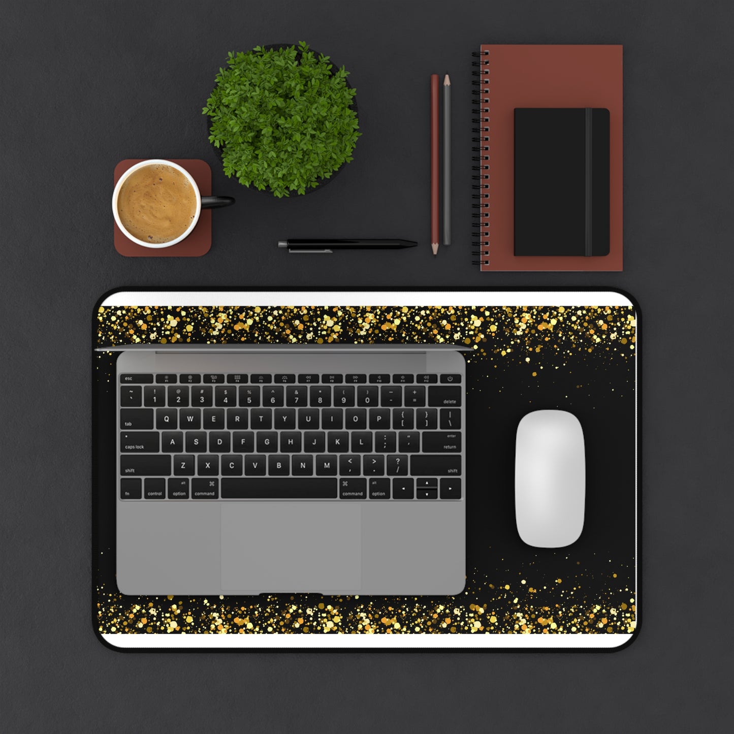 Gold Glitter Edge Desk Mat — Black Glamorous Mousepad for Office & Home