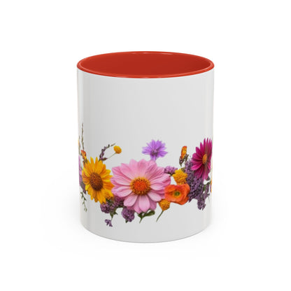 Floral Border Accent Coffee Mug — Colorful Daisy Bouquet 11/15oz