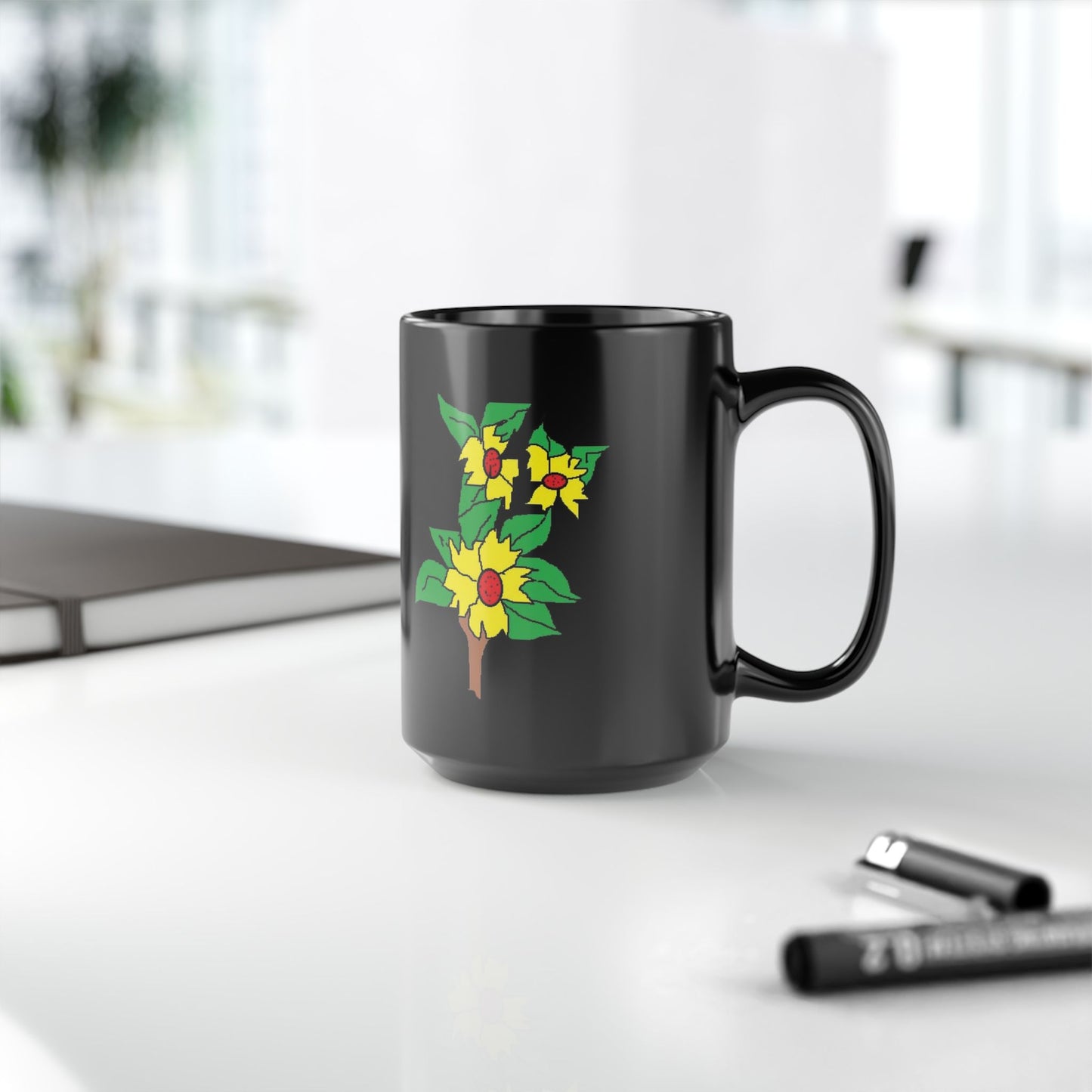 Sunflower Branch Black Mug — Floral Coffee Cup (11oz & 15oz)