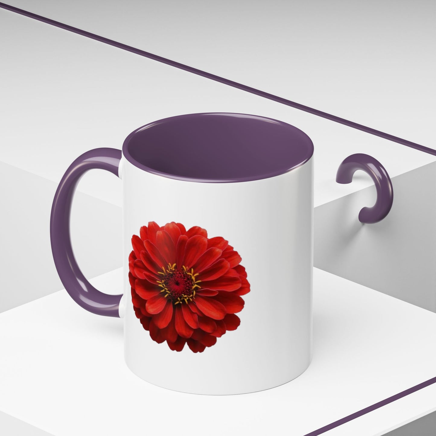 Red Zinnia Accent Coffee Mug — Floral Ceramic Tea Cup (11/15 oz)