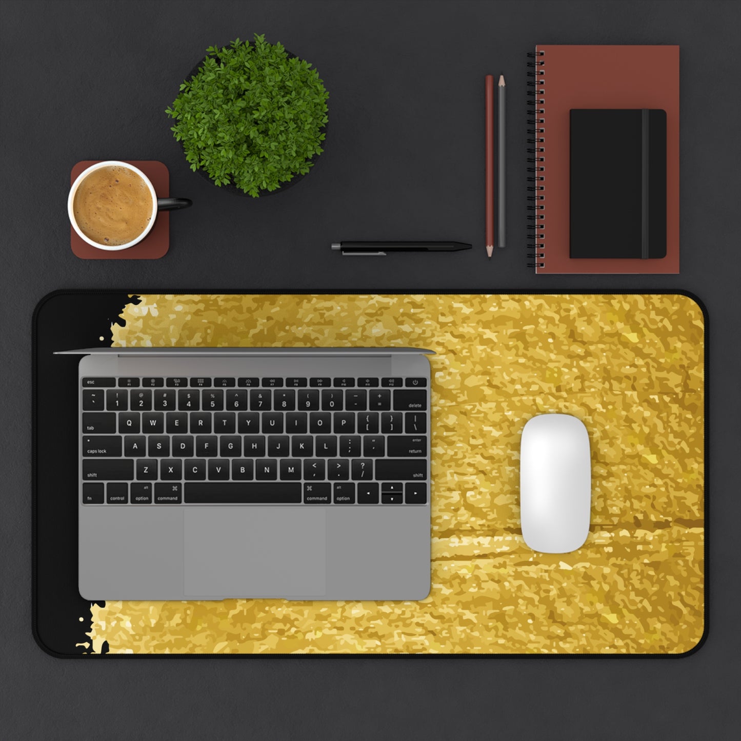 Gold Brush Stroke Desk Mat — Elegant Black & Metallic Mouse Pad for Office or Home