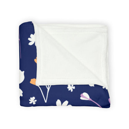 Floral Navy Fleece Blanket — Soft Polyester Throw with White & Coral Blossoms