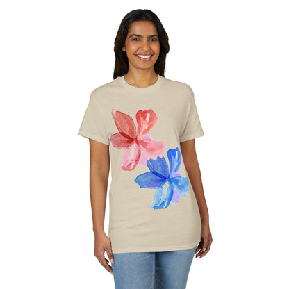 Floral Watercolor Tee — Pink & Blue Petal Graphic T-Shirt