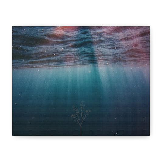 Underwater Lightscape Matte Canvas Wall Art — Ocean Depths with Faint Plant Silhouette