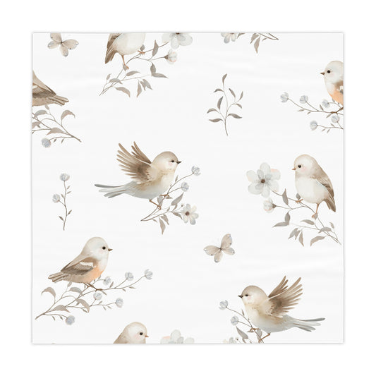 Birds & Blossoms Tablecloth — Neutral Watercolor Songbird Print for Spring, Kitchen, Bridal & Baby Shower Decor